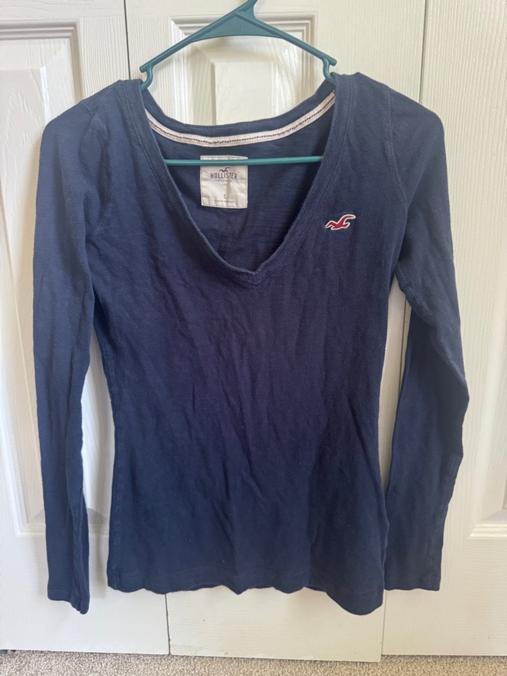 Vtg Y2K Womens Hollister V-Neck Long Sleeve T Shirt Navy Blue Sz‎ S Bella Elena
